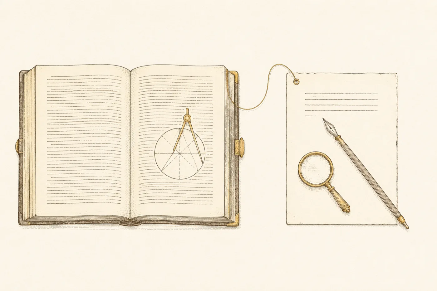 An engraved open reference volume, its pages dense with fine ruled lines and one geometric diagram, tied by a single thread to a fresh sheet carrying only a few lines, a dip pen and a magnifying glass resting on it.